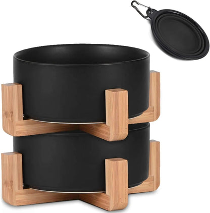Ceramic Cat & Small Dog Bowl Set with Stand 13.5oz Non Slip Double