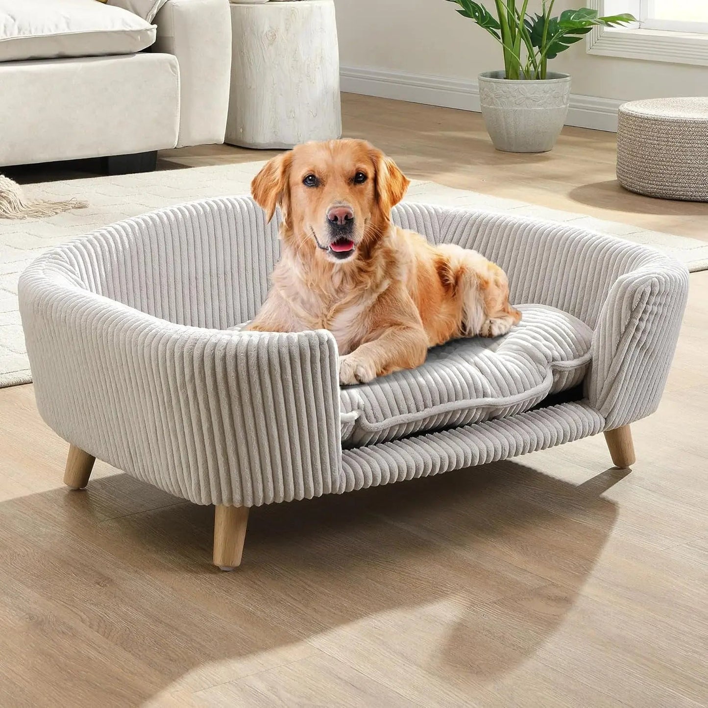 Elevated Dog Sofa Bed Corduroy Pet Couch with Wooden Legs 30 Inch