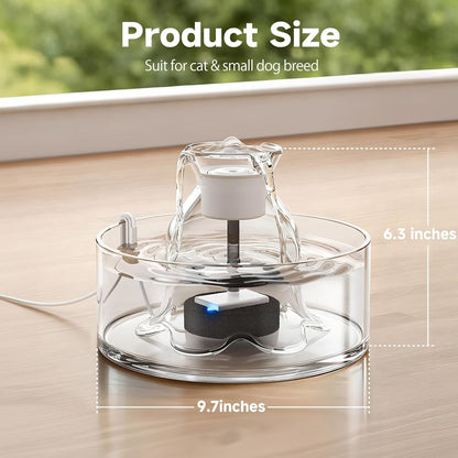 Glass Cat Water Fountain 2.7L Ultra Quiet BPA Free Auto Pet Fountain