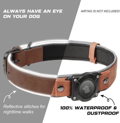 Leather AirTag Dog Collar with Built-In Holder, Reflective Adjustable Design