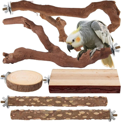 Natural Bird Perch Set – 6PC Grapewood & Peppercorn Branch Perches, Toys