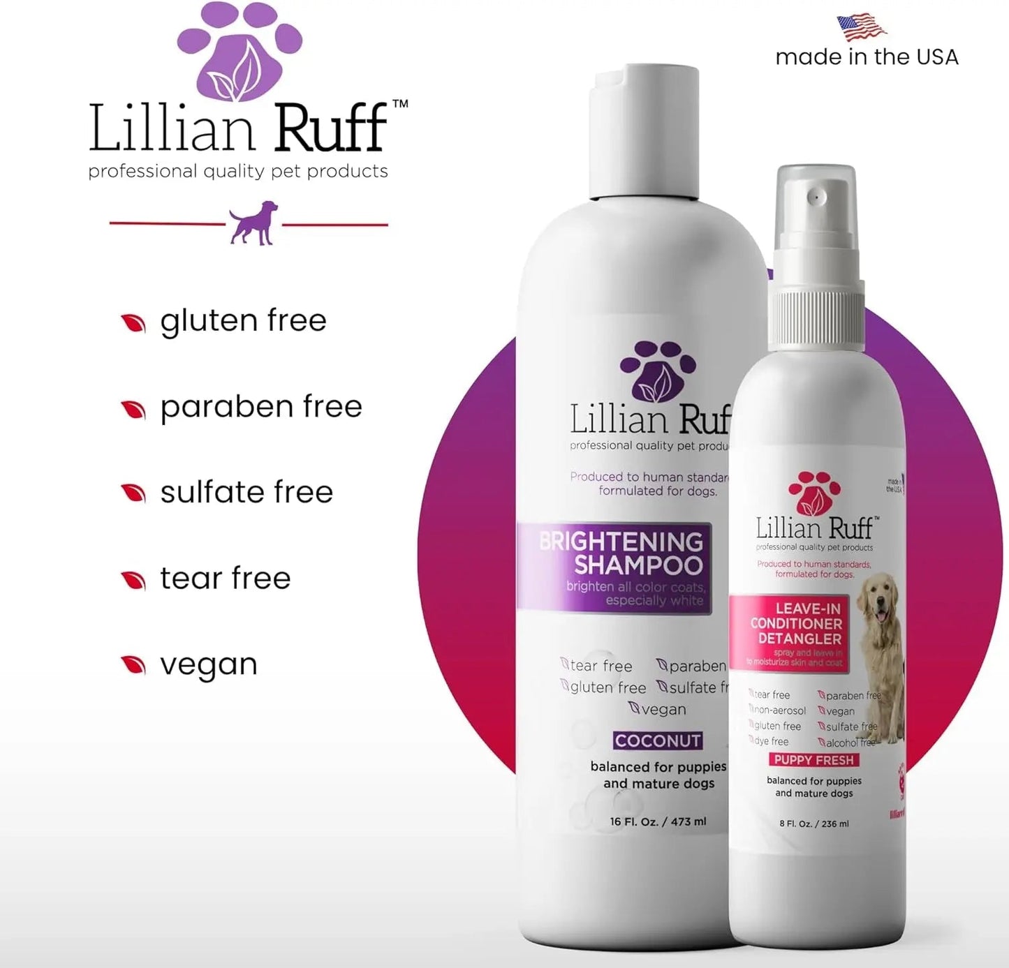 Whitening Dog Shampoo & Leave-In Conditioner Detangler Odor Control Set