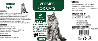 Cat Dewormer Liquid Broad Spectrum Tapeworm Roundworm Hookworm 120ml